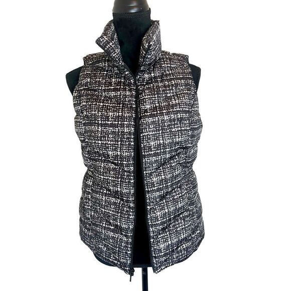 NWOT LANDS END QUILTED PUFFER ZIP UP VEST PATTERNED BLACK AND WHITE WOMENS XS - Picture 1 of 7